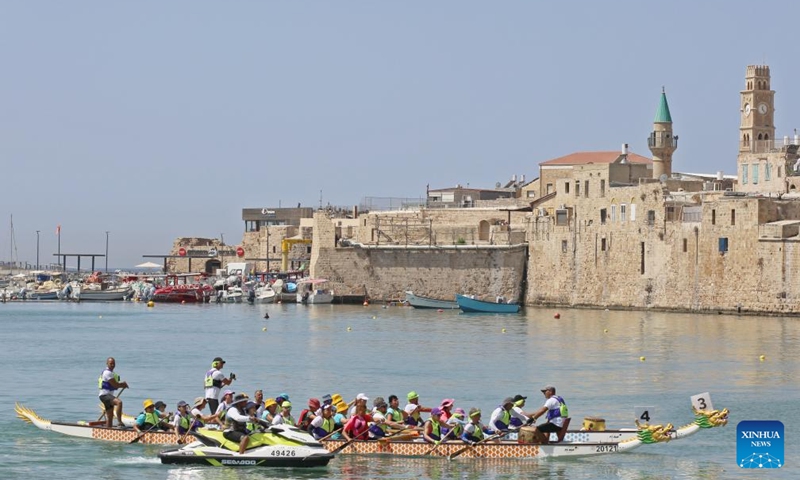 Participants compete during a dragon boat race in Akko, Israel, on Sept. 8, 2023. A dragon boat race was held in northern Israel on Friday, with hundreds of paddlers from 17 teams nationwide competing in the Mediterranean Sea. Photo: Xinhua