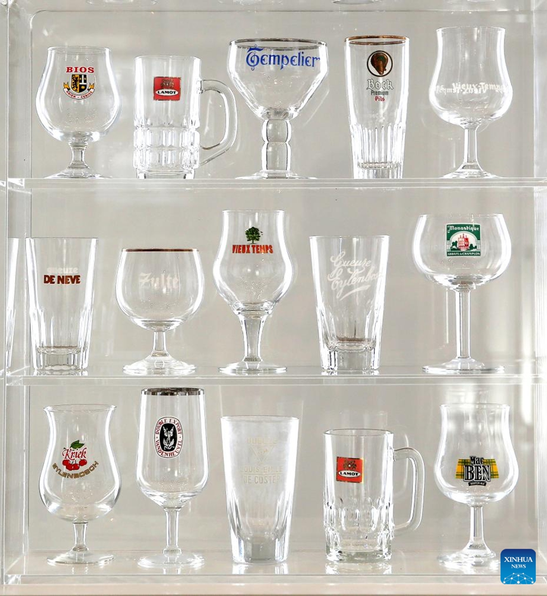 Various beer glasses are displayed at the Belgian Beer World in Brussels, Belgium, Sept. 9, 2023. The Belgian Beer World, which showcases Belgium's brewing tradition through a series of interactive exhibits and workshops, opened its doors to the public here on Saturday. Photo: Xinhua