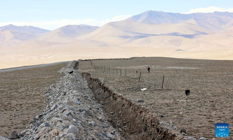 A sheepherder and his sheepdogs herd sheep at the foot of Mount Muztagata on the Pamir Plateau, northwest China's Xinjiang Uygur Autonomous Region, Sept. 6, 2023. Photo: Xinhua