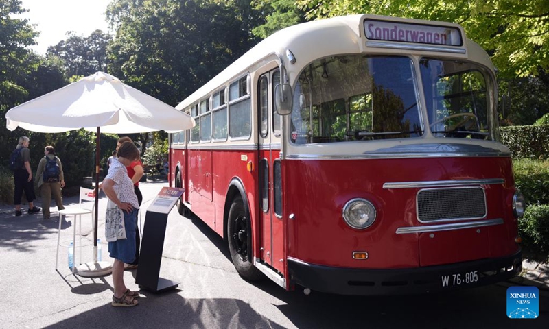 An old bus is displayed in Vienna, Austria on Sept. 9, 2023. Public Transport Day was held here on Saturday with various activities and entertainment. Photo: Xinhua