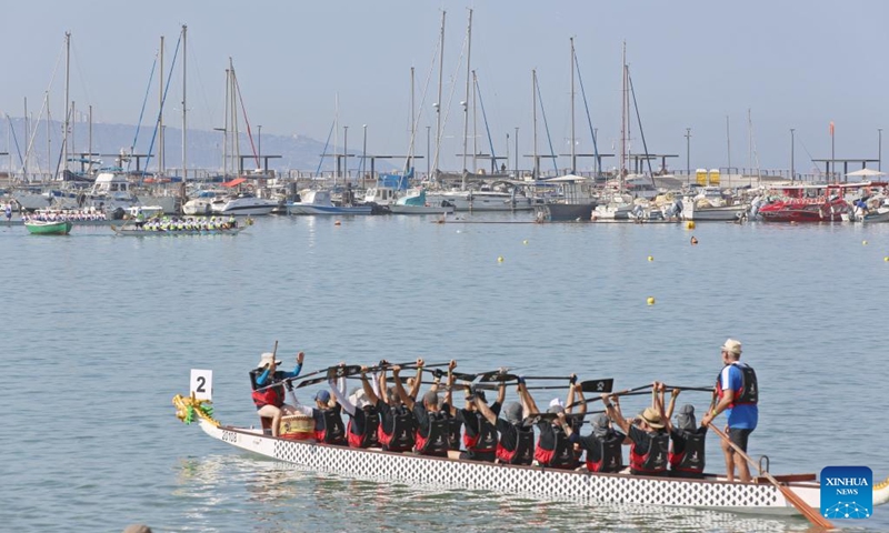 Participants compete during a dragon boat race in Akko, Israel, on Sept. 8, 2023. A dragon boat race was held in northern Israel on Friday, with hundreds of paddlers from 17 teams nationwide competing in the Mediterranean Sea. Photo: Xinhua