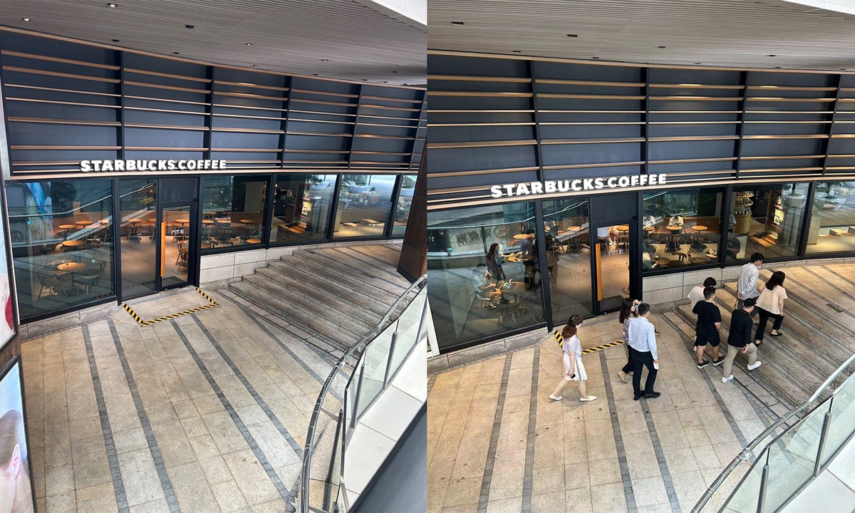 Left: Picture of an empty Starbucks store from Yon's post.
Right: People walking by the Starbucks near Shanghai World Financial Center on Monday. Photo: GT staff reporter
