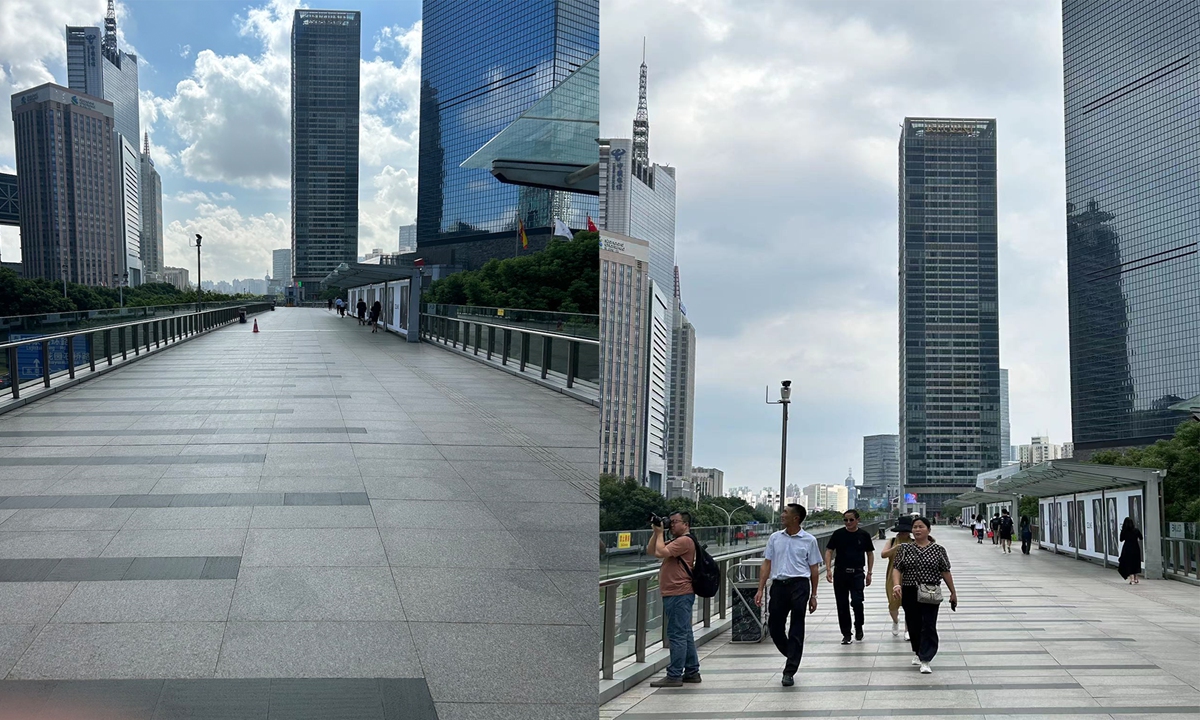 Left: Picture of a vacant pedestrian bridge from Yon's post.
Right: People walking across the same pedestrian bridge at midday on a weekday. Photo: GT staff reporter

