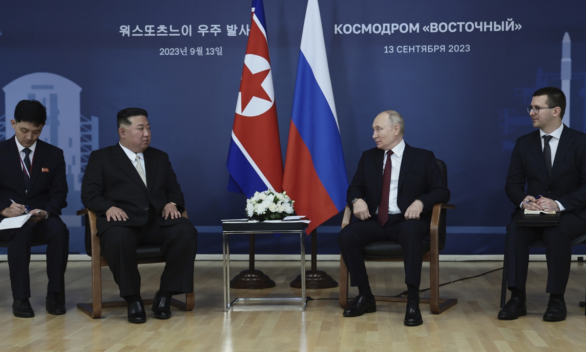 Russian President Vladimir Putin and North Korea's top leader Kim Jong-un, speak during their meeting at the Vostochny Spaceport, Russia, on September 13, 2023. Photo: Xinhua