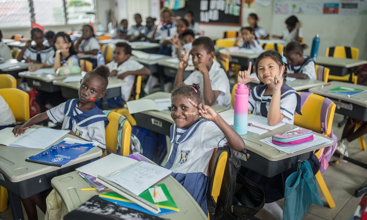 Students at the Chung Wah School in Honiara, Solomon Islands pose for camera on August 22, 2023. Photo: Shan Jie/GT