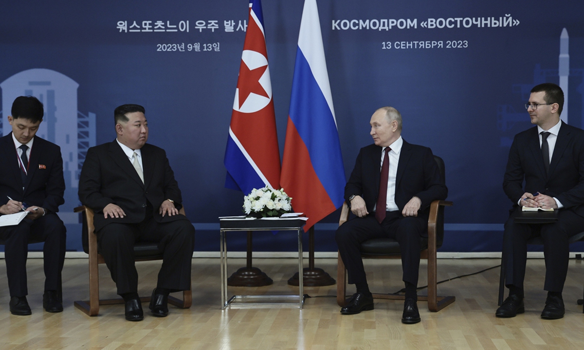 Russian President Vladimir Putin and North Korea's top leader Kim Jong-un speak during their meeting at the Vostochny Spaceport, Russia, on September 13, 2023. Photo: Xinhua
