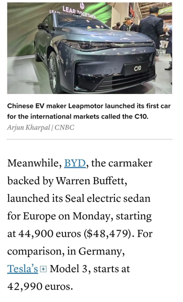 CNBC coverage of BYD and Tesla's prices in Europe