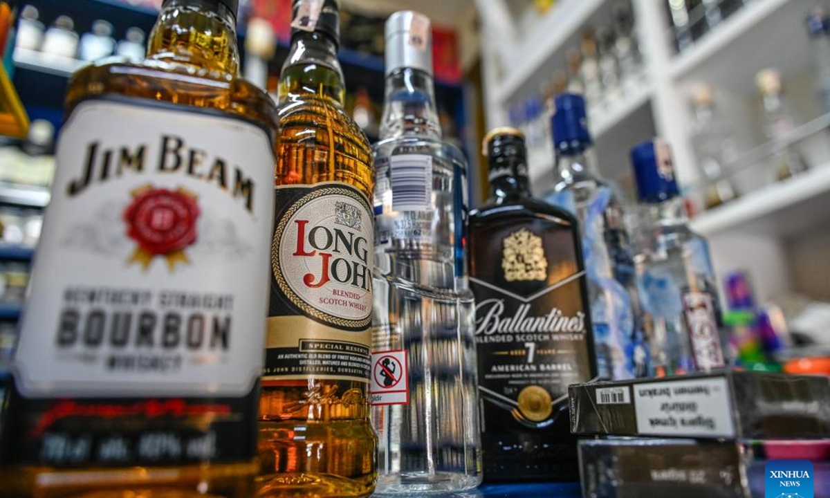 Alcohol beverages are seen in the counter of a store in Istanbul, Türkiye, Sept. 20, 2023. Türkiye has expanded the scope of the ban on serving and selling alcohol and tobacco products, the country's official gazette said on Wednesday.(Photo by Omer Kuscu/Xinhua)














