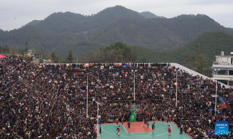 Photo taken on March 27, 2023 shows a aerial view of the final match between Team Qiandongnan and Team Zunyi at Village BA basketball tournament in Taipan Village, Taijiang County, southwest China's Guizhou Province. Photo: Xinhua
