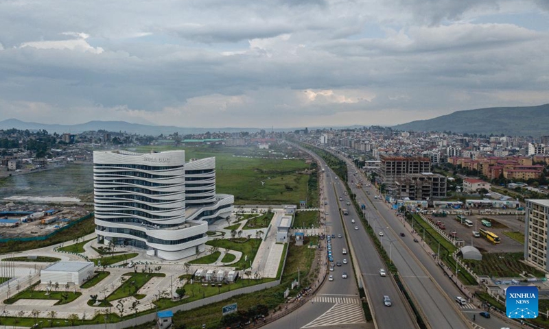 This aerial photo shows the headquarters of the Africa Centers for Disease Control and Prevention (Africa CDC) in Addis Ababa, Ethiopia, Sept. 10, 2023. Located in the southern suburbs of Addis Ababa, the China-aided headquarters of the Africa CDC was officially inaugurated in January 2023.(Photo: Xinhua)