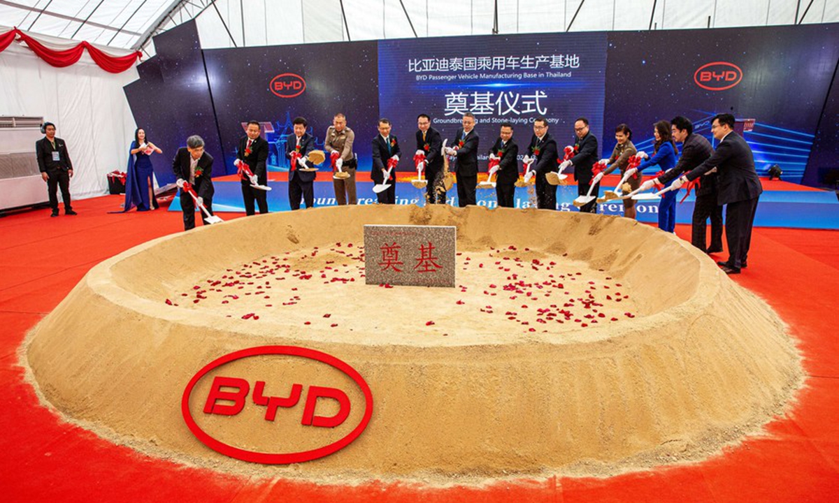 Participants attend the groundbreaking ceremony of BYD Passenger Vehicle Manufacturing Base in Thailand, in Rayong, Thailand, March 10, 2023. China's leading electric vehicle manufacturer BYD launches the construction of its first car plant in Thailand. (Xinhua/Wang Teng)













