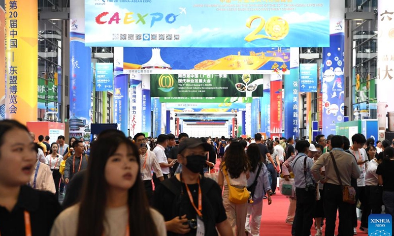 People visit the 20th China-ASEAN Expo at Nanning International Convention and Exhibition Center in Nanning, capital of south China's Guangxi Zhuang Autonomous Region, Sept. 17, 2023. The opening ceremony of the 20th China-ASEAN Expo and China-ASEAN Business and Investment Summit was held on Sunday in Nanning. (Xinhua/Zhou Hua)