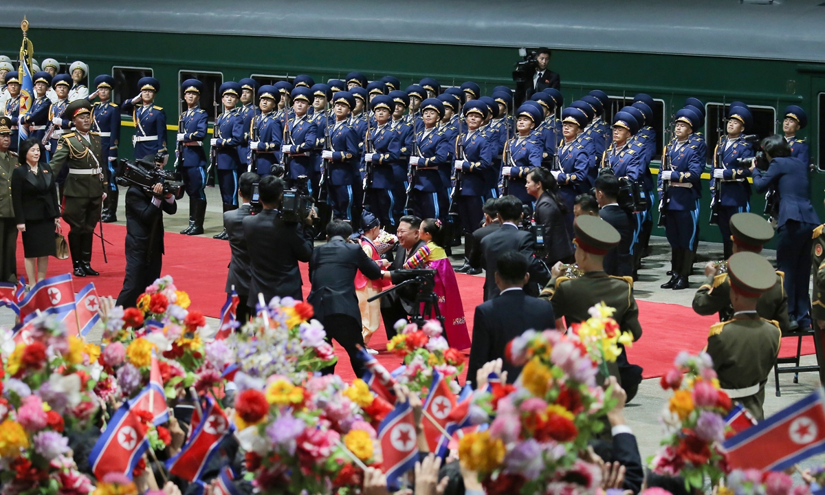 North Korean leader Kim Jong-un is greeted during a ceremony as he arrives at the Pyongyang Railway Station on September 19, 2023 from his trip to Russia, photo released by KCNA on September 20 shows. Photo: IC