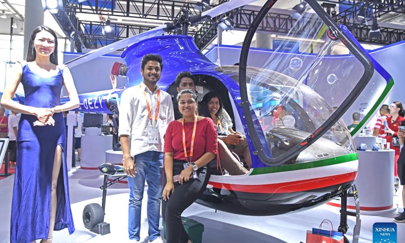 A helicopter is displayed during the 20th China-ASEAN Expo at Nanning International Convention and Exhibition Center in Nanning, capital of south China's Guangxi Zhuang Autonomous Region, Sept. 17, 2023. The opening ceremony of the 20th China-ASEAN Expo and China-ASEAN Business and Investment Summit was held on Sunday in Nanning. (Xinhua/Zhou Hua)

