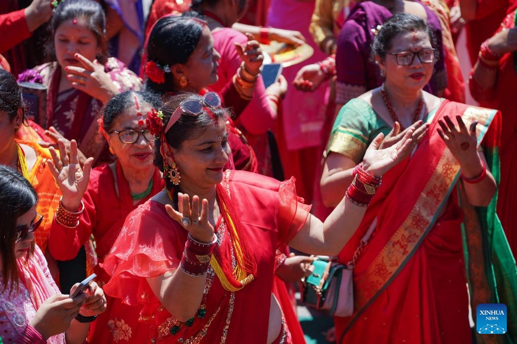 Women celebrate the Teej Festival in Kathmandu, Nepal, Sept. 18, 2023.(Photo: Xinhua)