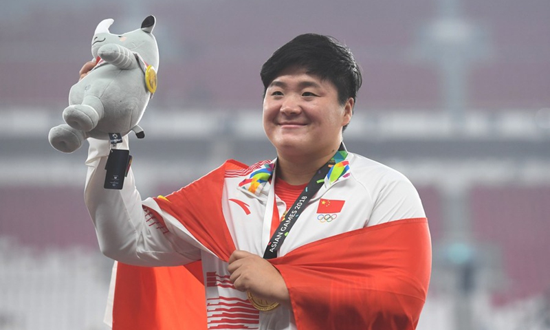 Gold medalist Gong Lijiao attends the awarding ceremony of women's shot put at the Asian Games 2018 in Jakarta, Indonesia on Aug. 27, 2018. Photo: Xinhua
