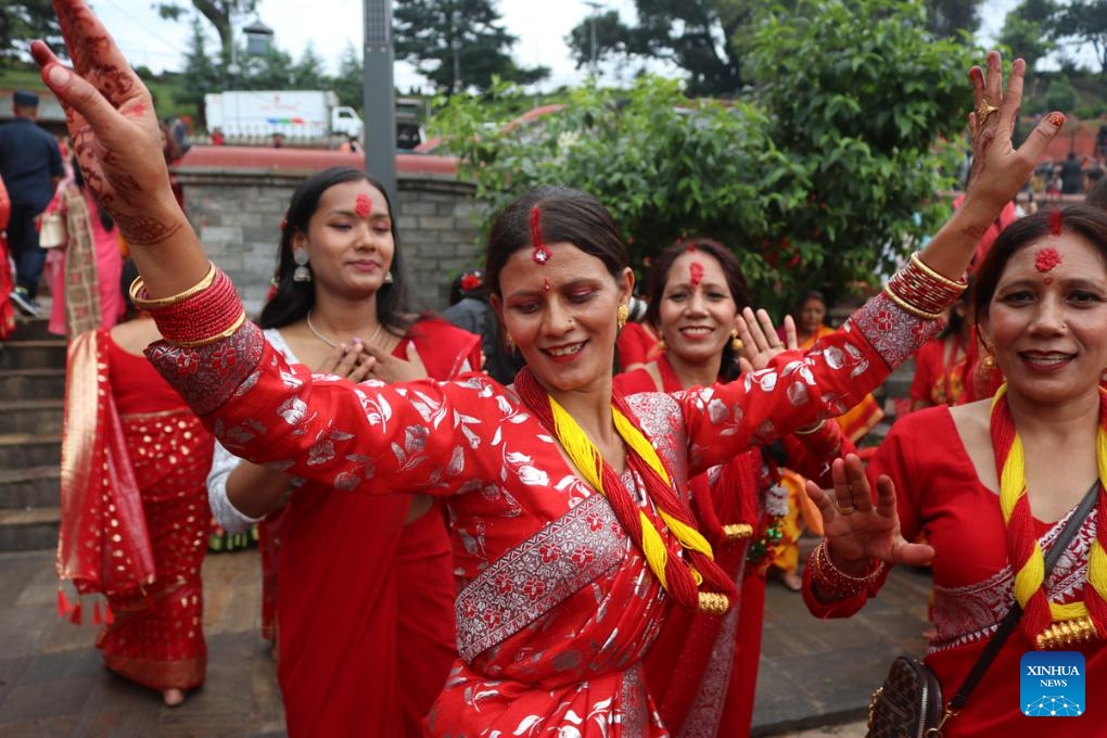 Women celebrate the Teej Festival in Kathmandu, Nepal, Sept. 18, 2023.(Photo: Xinhua)
