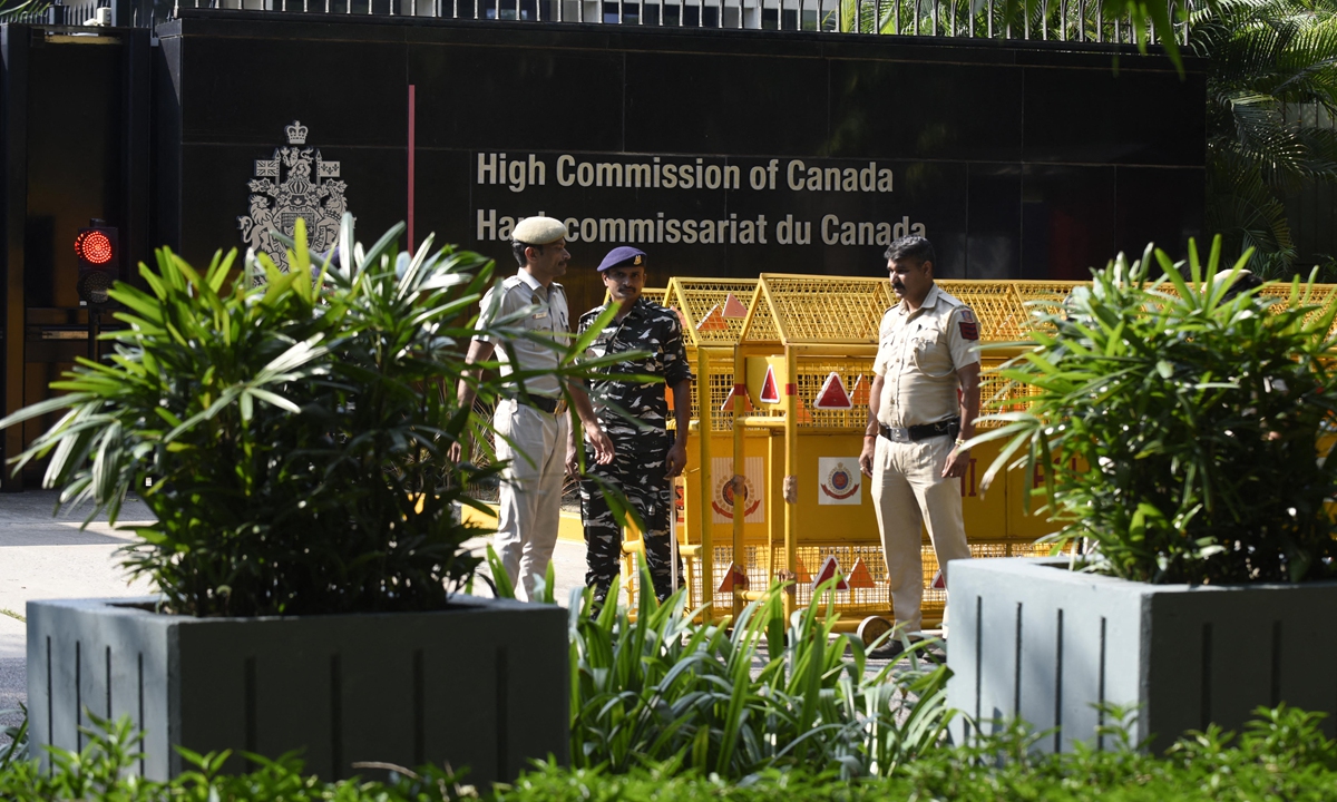 Indian police take security measures around the Canadian Embassy after Canada and India mutually expelled their diplomats in New Delhi, India on September,19 2023. Photo: AFP