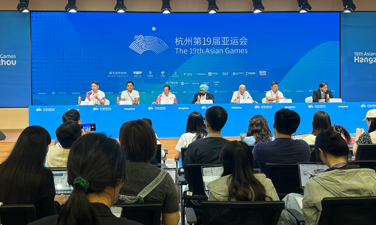 An Asian Games news conference is jointly held by the Olympic Council of Asia and the Hangzhou Asian Games Organising Committee in Hangzhou on September 22, 2023. Photo: Lin Xiaoyi/GT