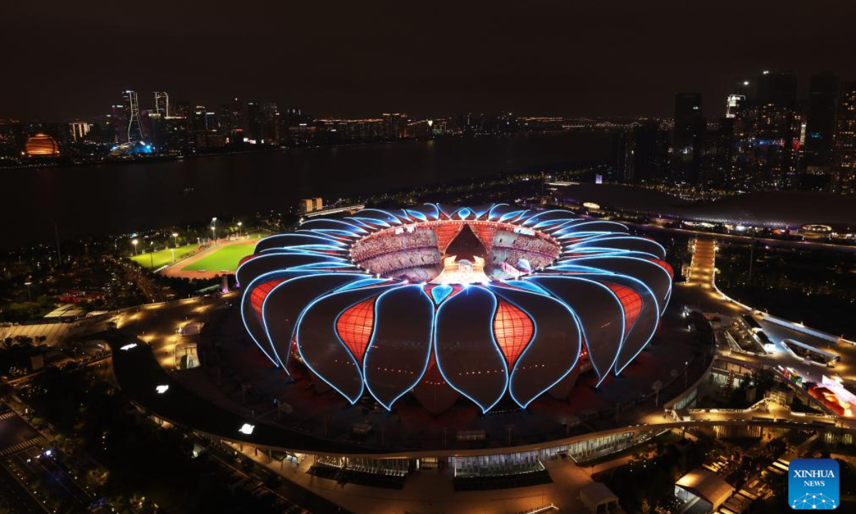 Hangzhou Olympic Sports Center Stadium is lighted during the opening ceremony of the 19th Asian Games in Hangzhou, east China's Zhejiang Province, Sep 23, 2023. Photo:Xinhua