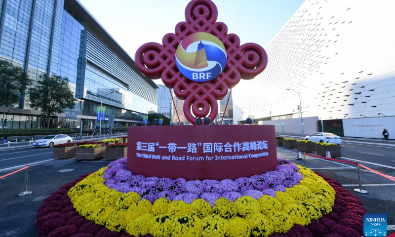 This photo taken on Oct. 14, 2023 shows a floral decoration for the third Belt and Road Forum for International Cooperation (BRF) near China National Convention Center in Beijing, capital of China. The BRF will be held from Oct. 17 to 18 in Beijing. (Xinhua/Ju Huanzong)