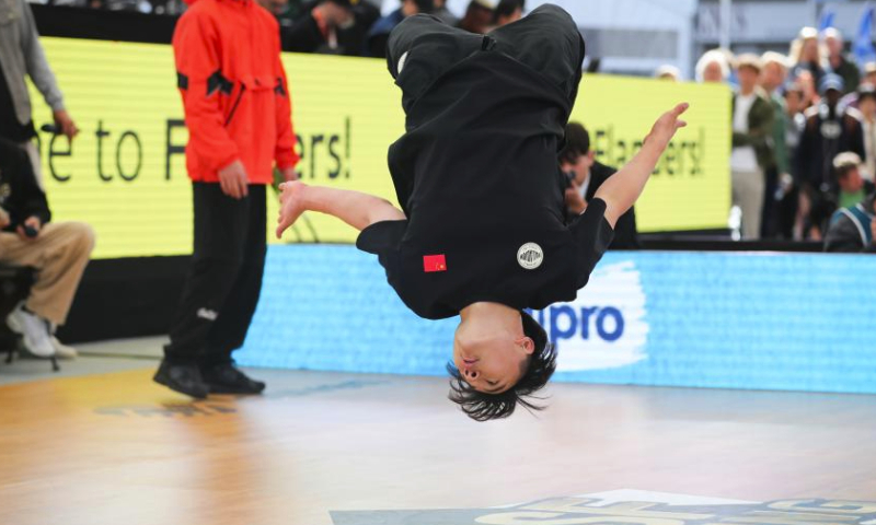 Qi Xiangyu of China competes during 2023 WDSF World Breaking Championship in Leuven, Belgium, Sept. 23, 2023. (Xinhua/Zheng Huansong)