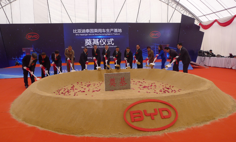 Participants attend the groundbreaking ceremony of BYD Passenger Vehicle Manufacturing Base in Rayong, Thailand on March 10, 2023. Production is expected to begin in 2024 with an annual capacity of about 150,000 vehicles. Photo: cnsphoto