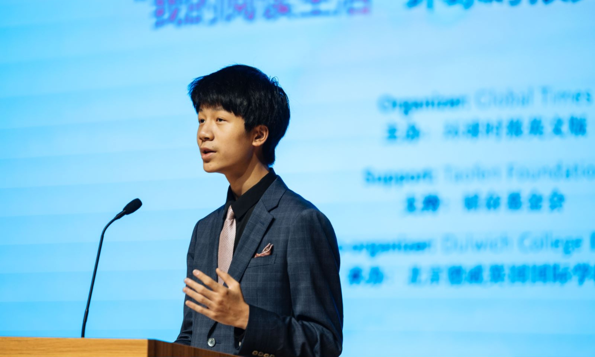 Dulwich College Beijing student organizer Puzhao Zhang makes a closing speech.
