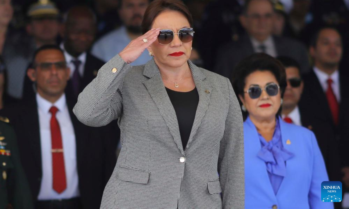 President of the Republic of Honduras Iris Xiomara Castro Sarmiento (C) attends a celebration for the Honduran Soldier's Day in Tegucigalpa, Honduras, Oct 3, 2023. Photo:Xinhua