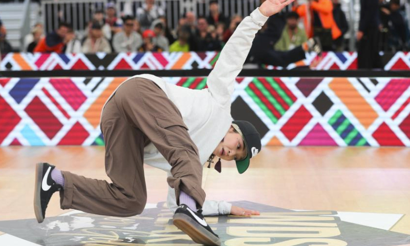 Ami Yuasa of Japan competes during 2023 WDSF World Breaking Championship in Leuven, Belgium, Sept. 23, 2023. (Xinhua/Zheng Huansong)