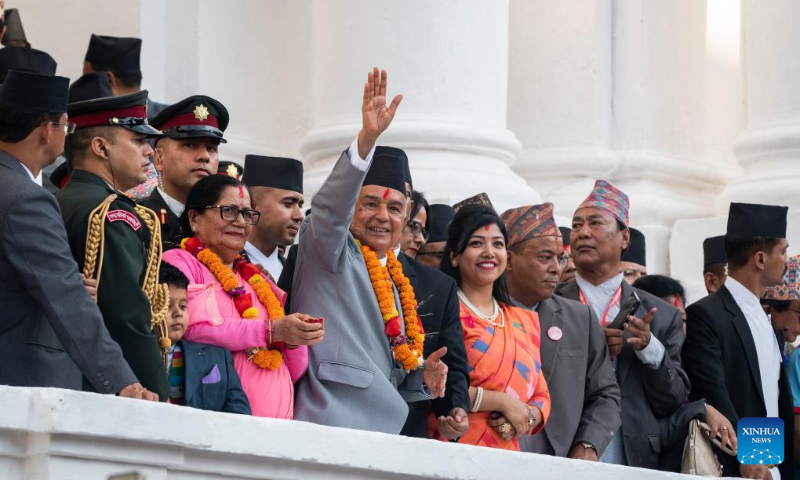 Nepal's President Ram Chandra Poudel observes the chariot procession of the Indra Jatra festival in Kathmandu, Nepal, Sept. 28, 2023. (Photo by Hari Maharjan/Xinhua)