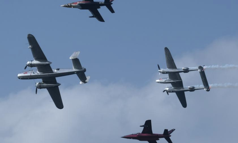 Aircraft are pictured during an aerobatic demonstration of the Malta International Airshow in Bugibba, Malta on Sept. 23, 2023. The Malta International Airshow is held on Saturday and Sunday, featuring aerobatic demonstrations. (Photo by Jonathan Borg/Xinhua)