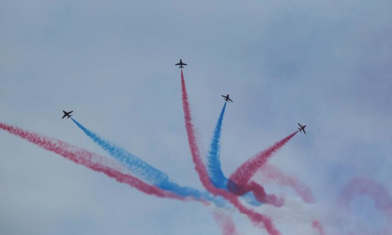 Aircraft are pictured during an aerobatic demonstration of the Malta International Airshow in Bugibba, Malta on Sept. 23, 2023. The Malta International Airshow is held on Saturday and Sunday, featuring aerobatic demonstrations. (Photo by Jonathan Borg/Xinhua)