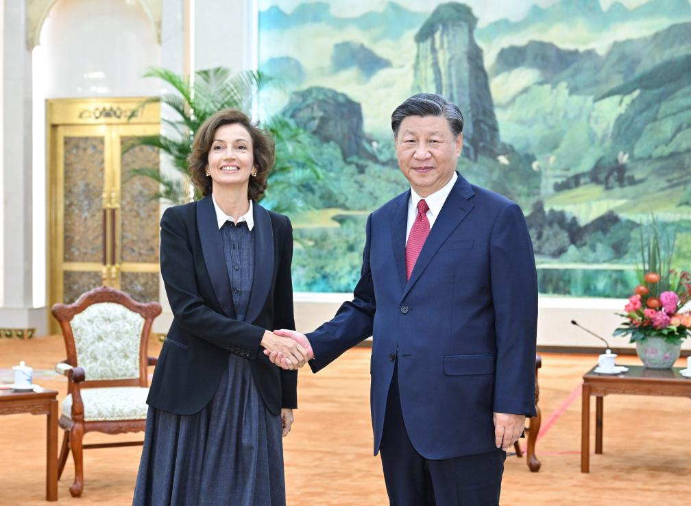 Chinese President Xi Jinping meets with Director-General of the United Nations Educational, Scientific and Cultural Organization (UNESCO) Audrey Azoulay at the Great Hall of the People in Beijing, capital of China, Sep 28, 2023. Photo:Xinhua