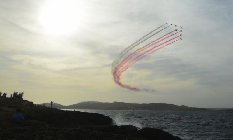 Aircraft are pictured during an aerobatic demonstration of the Malta International Airshow in Bugibba, Malta on Sept. 23, 2023. The Malta International Airshow is held on Saturday and Sunday, featuring aerobatic demonstrations. (Photo by Jonathan Borg/Xinhua)