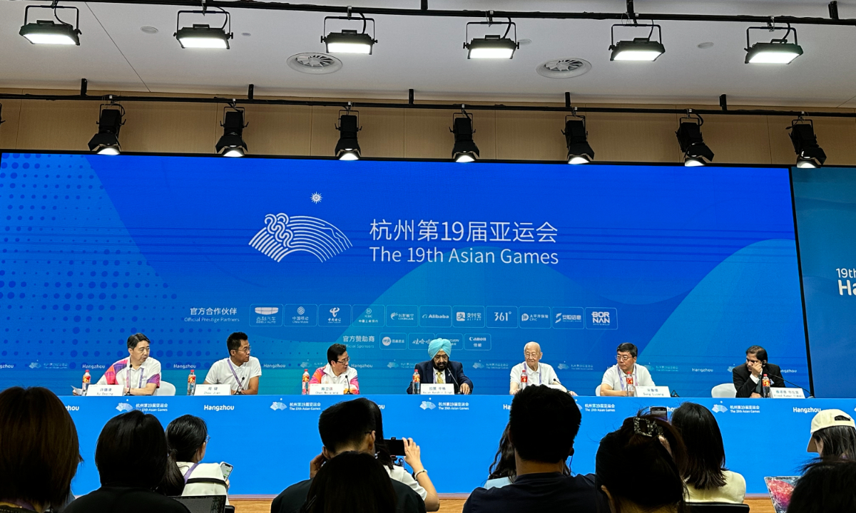 An Asian Games news conference attended by officials of the Olympic Council of Asia and organizing committee in Hangzhou on September 22, 2023. Photo: Cui Fandi/GT
