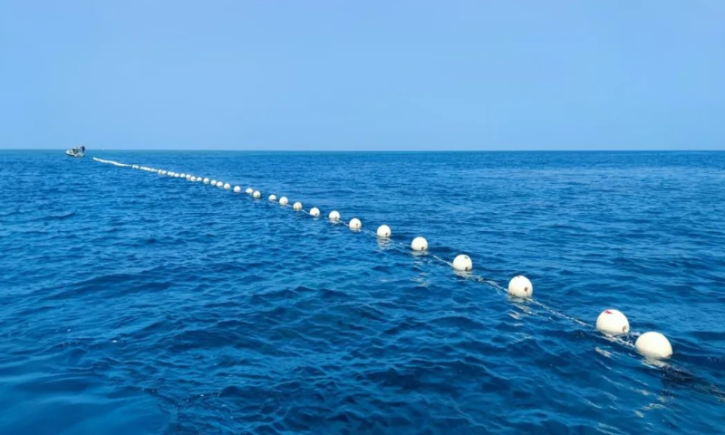 The China Coast Guard deploys a blocking net around the lagoon of China's Huangyan Island on September 22, 2023 in response to an unauthorized incursion by a Philippine vessel. Photo: Courtesy of the China Coast Guard