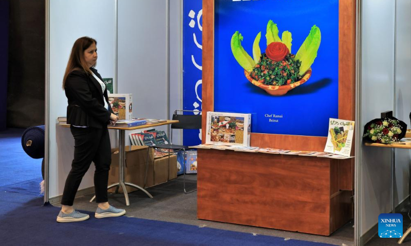 A stall of culinary books is seen at the Lebanon International Book Fair in Beirut, Lebanon, Oct.14, 2023. The 2023 Lebanon International Book Fair taking place from Oct. 13 to 22 was held at the Forum De Beyrouth in Beirut. (Xinhua/Liu Zongya)
