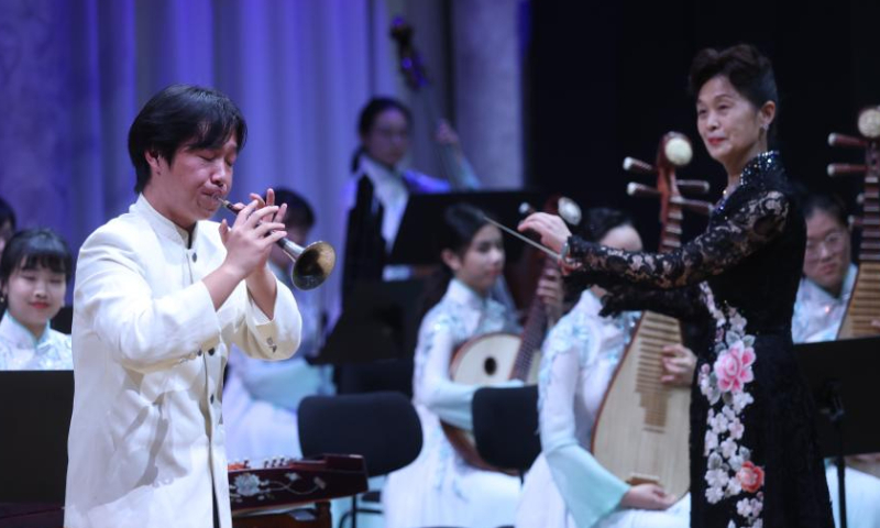 A member of China's Nanjing University's Traditional Instruments Orchestra plays Sheng during a concert of Chinese classical music in Ljubljana, Slovenia, on Oct. 2, 2023. (Photo by Zeljko Stevanic/Xinhua)
