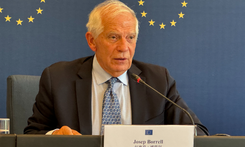 EU foreign policy chief Josep Borrell talks with Chinese and foreign journalists in Beijing on October 14, 2023. Photo: Chen Qingqing/GT