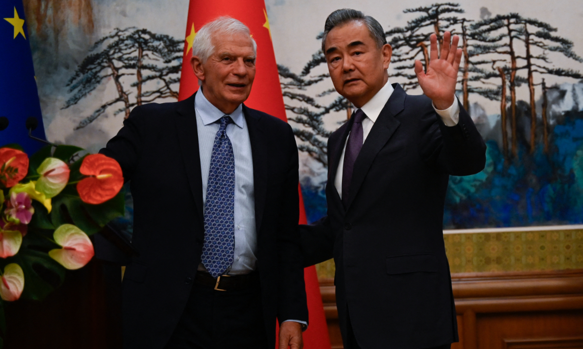 China's Foreign Minister Wang Yi and EU High Representative for Foreign Affairs and Security Policy Josep Borrell attend the China-EU High-Level Strategic Dialogue at the Diaoyutai State Guesthouse in Beijing on October 13, 2023. Photo: AFP