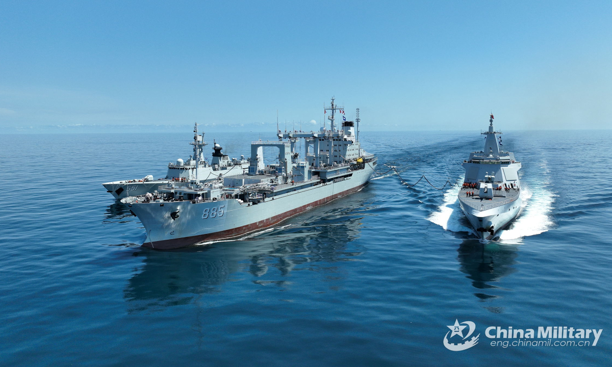 Warships attached to a combat support ship flotilla of the navy under the PLA Southern Theater Command steam in formation to conduct alongside replenishment-at-sea during a comprehensive replenishment training exercise on September 22, 2023. Photo:China Military