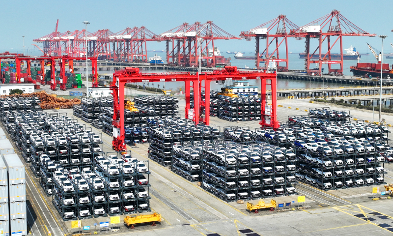 More than 2,500 domestic brand vehicles are waiting to be loaded onto the container ship in Suzhou, East China's Jiangsu Province, on March 2, 2023. Photo: VCG