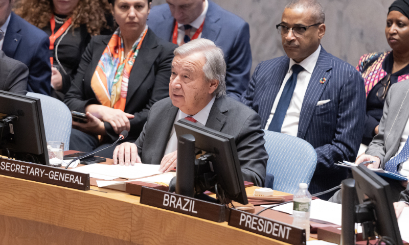 Secretary-General Antonio Guterres speaks during the UN Security Council meeting on the situation in the Middle East at UN Headquarters in New York on October 24, 2023. Photo: VCG