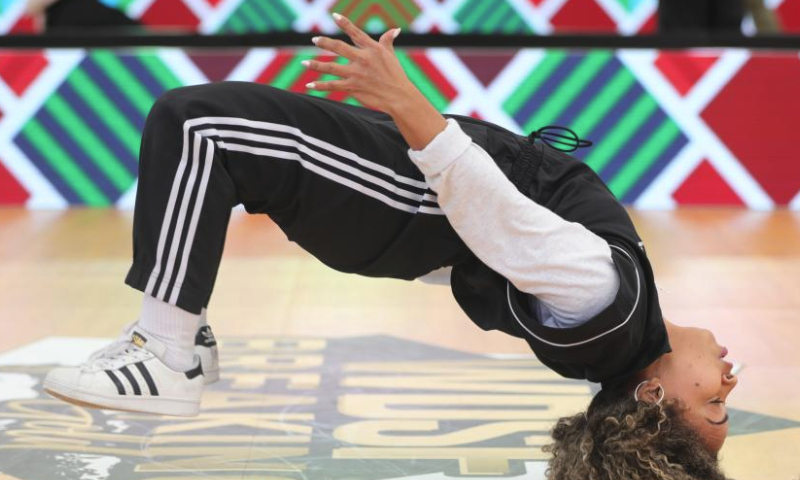 Yohelys Yadzelyn Oropeza Bermudez of Venezuela competes during 2023 WDSF World Breaking Championship in Leuven, Belgium, Sept. 23, 2023. (Xinhua/Zheng Huansong)