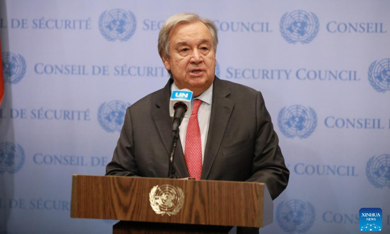 UN Secretary-General Antonio Guterres speaks to the press outside the Security Council Chamber at the UN headquarters in New York, on Oct. 13, 2023. Guterres warned on Friday that the relocation of Gaza residents from the north to the south as ordered by the Israeli military is extremely dangerous. (Photo: Xinhua)