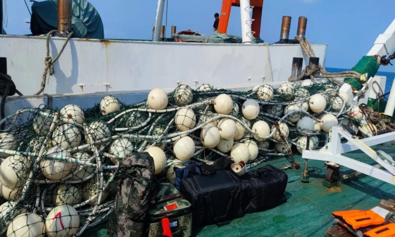 The China Coast Guard deploys a blocking net around the lagoon of China's Huangyan Island on September 22, 2023 in response to an unauthorized incursion by a Philippine vessel. The net was subsequently removed by the China Coast Guard a day later. Photo: Courtesy of the China Coast Guard