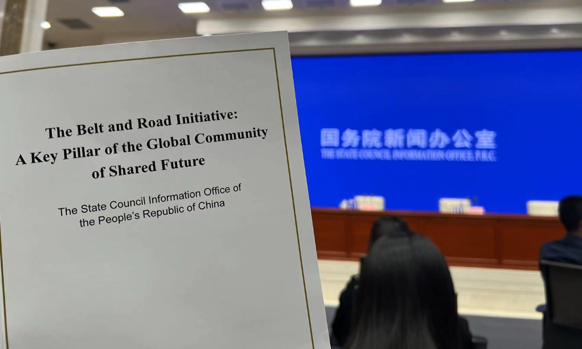 The State Council Information Office releases a white paper titled “The Belt and Road Initiative: A Key Pillar of the Global Community of Shared Future” on Tuesday. Photo: Li Xuanmin/GT