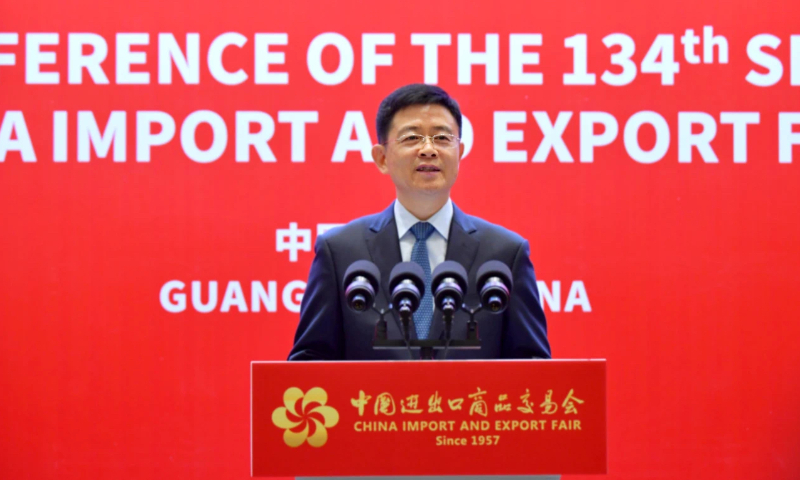 Xu Bing, spokesperson of the Canton Fair, also deputy director general of China Foreign Trade Centre, briefs a press confeerence on October 13, 2023 in Guangzhou, South China's Guangdong Province. Photo: courtesy of Canton Fair