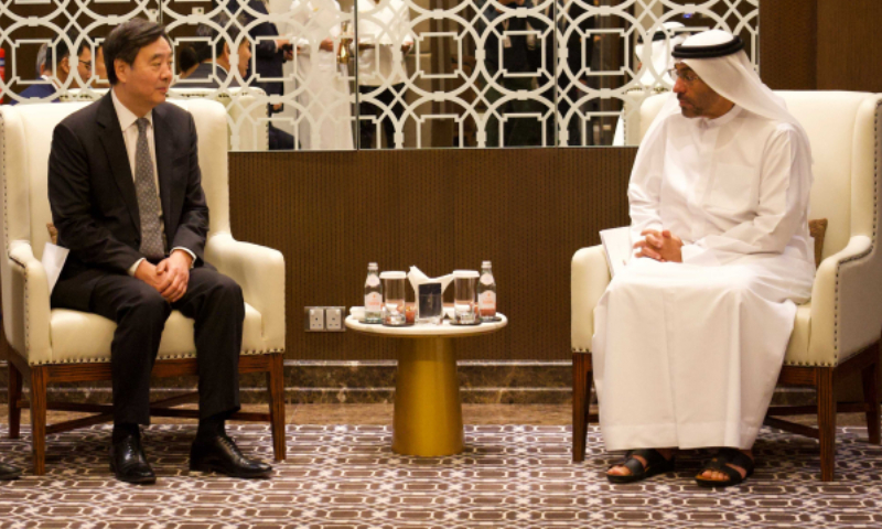 Zhai Jun (left), special envoy of the Chinese government on the Middle East issue, meets with Ahmed Ali Al Sayegh, Minister of State to the United Arab Emirates (UAE), on October 24. Photo: mfa.gov.cn